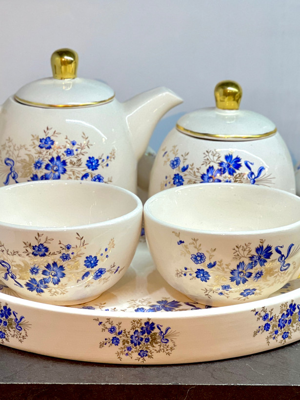 ست چای خوری (قوری،قندان،فنجان،سینی) طرح گلریز آبی